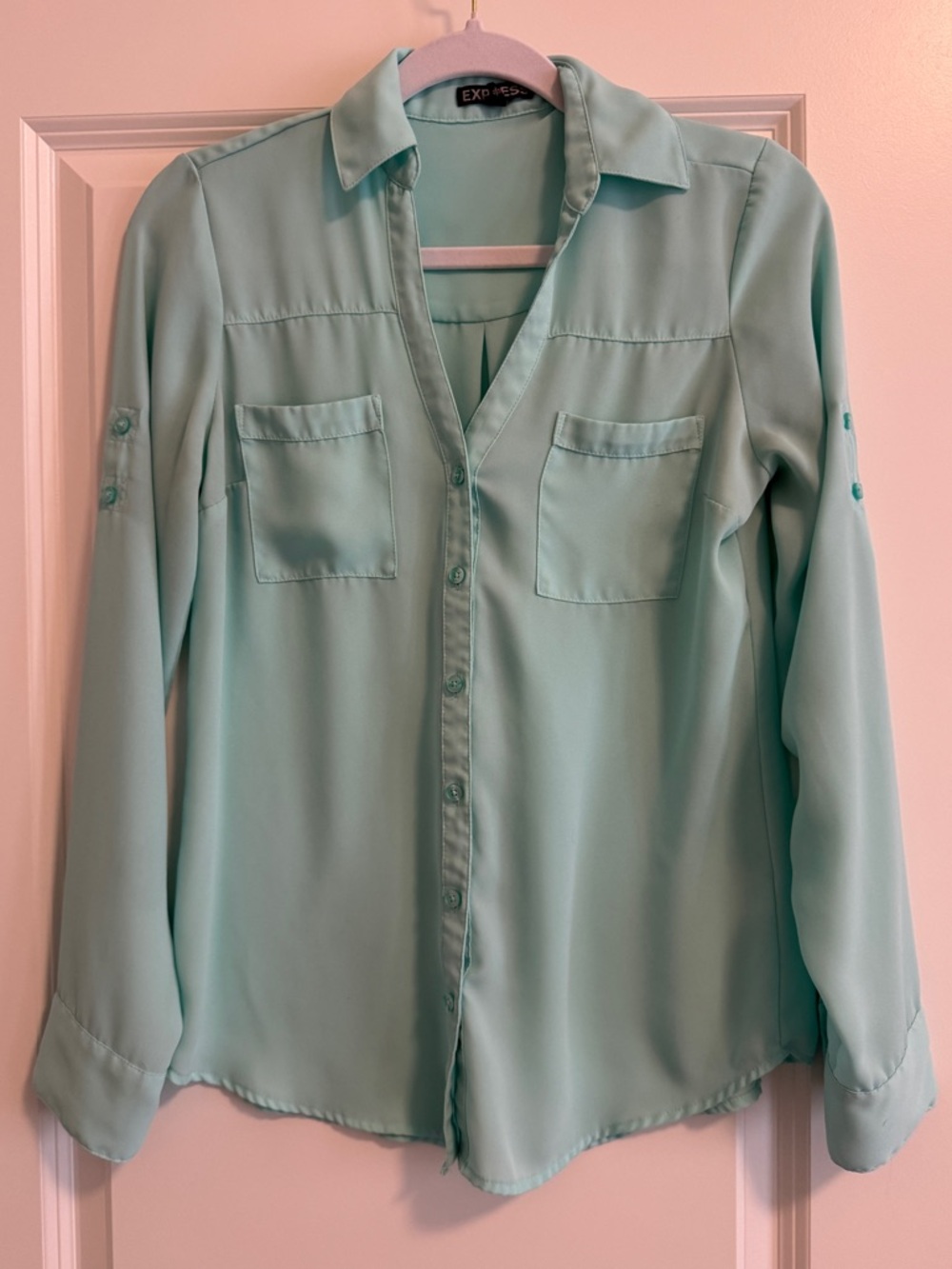 Express Portofino Long-Sleeve Button-Up Shirt, Light Turquoise XS